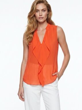Babaton Vibrant Orange Sleeveless Ruffle Front Camisole 💯 silk